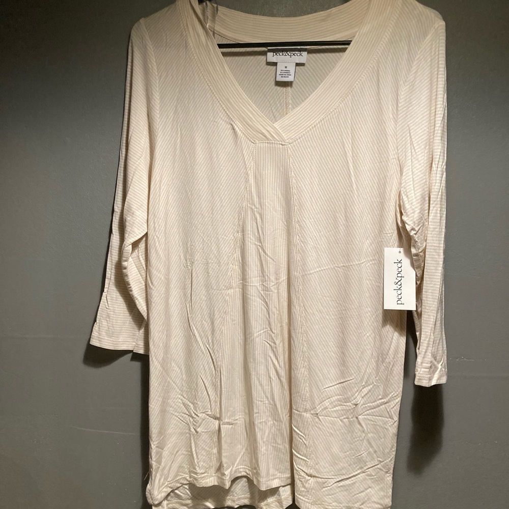 NWT Peck&Peck size medium beige and white striped shirt